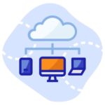 Icona con un computer centrale collegato a dispositivi esterni come tablet e portatile, con sopra una nuvoletta che sta per 'cloud'