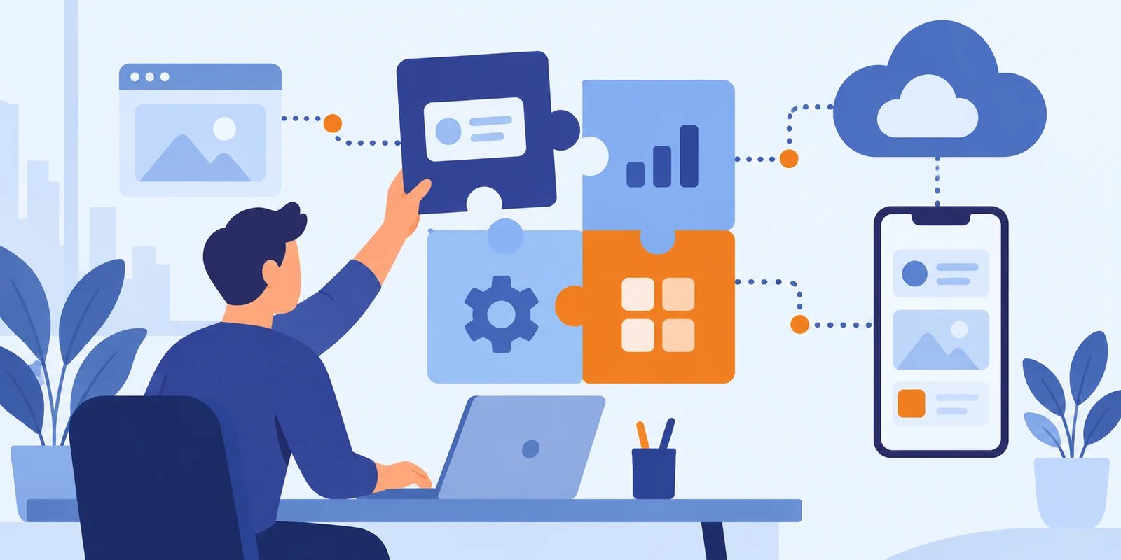 Ilustración flat: integración de software empresarial