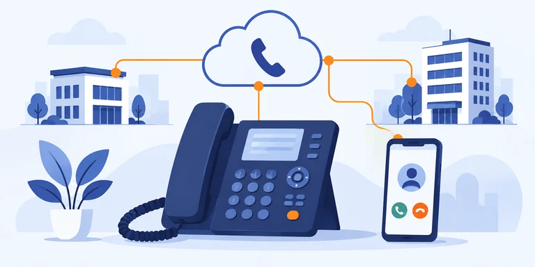 Illustration flat design : téléphonie VoIP en entreprise
