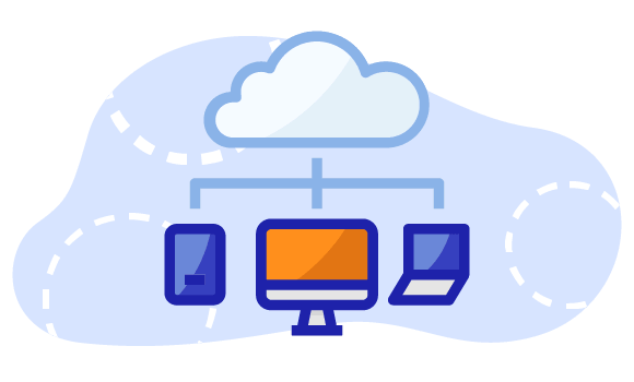 Icona con un computer centrale collegato a dispositivi esterni come tablet e portatile, con sopra una nuvoletta che sta per 'cloud'