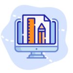 Icona con computer e foglio sullo schermo con penna e righello scolastico