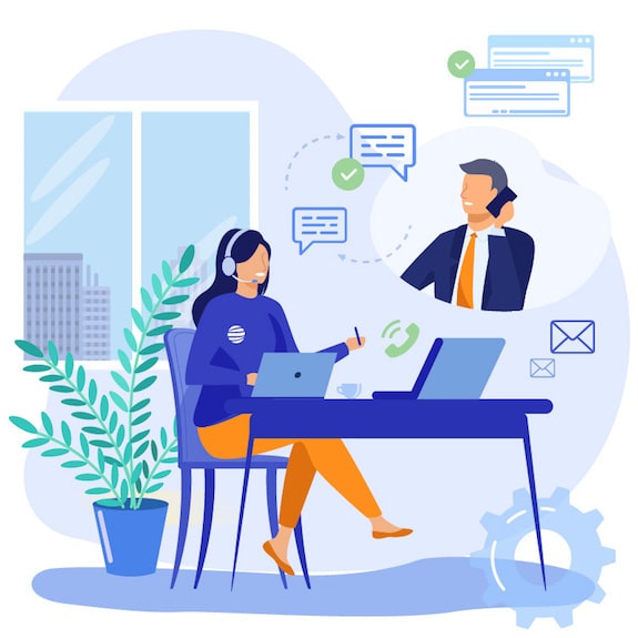 vignetta con totale su un ufficio con donna alla scrivania con microfono head set e pop up con uomo al telefono, simula una scambio di messaggi o una comunicazione in corso