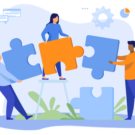 illustrazione di persone che collaborano alla costruzione di un puzzle sovradimensionato