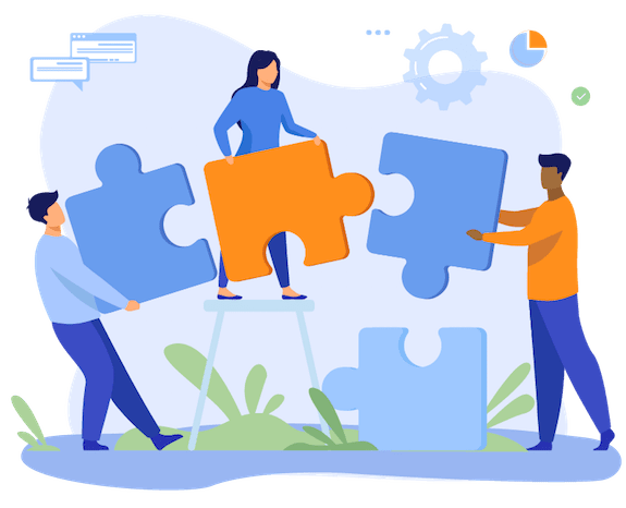 illustrazione di persone che collaborano alla costruzione di un puzzle sovradimensionato