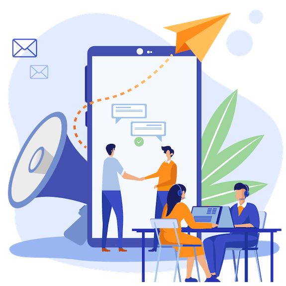 vignetta astratta con un cellulare senza dimensione con davanti due uomini che si stringono la mano, e in primo piano due colleghi seduti ad un tavolo con in atto una video conferenza