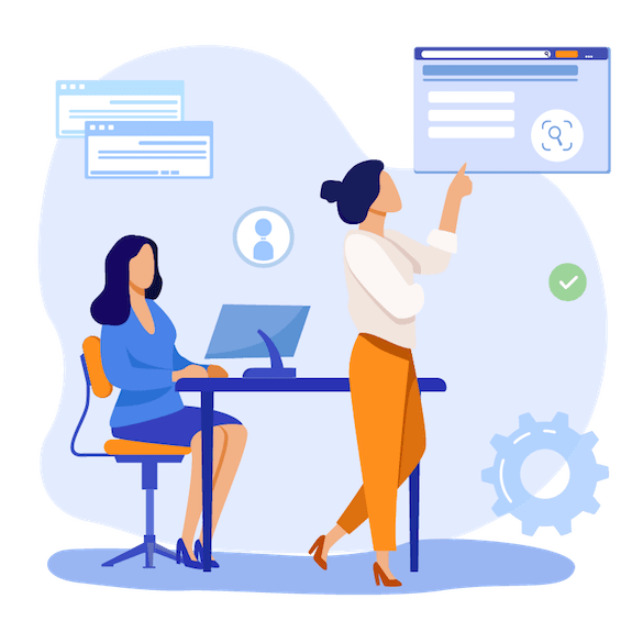 vignetta di due donne in ufficio con pop up scheda computer per connessione a database