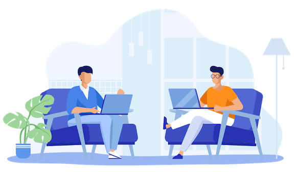 vignetta due uomini che lavorano con il pc