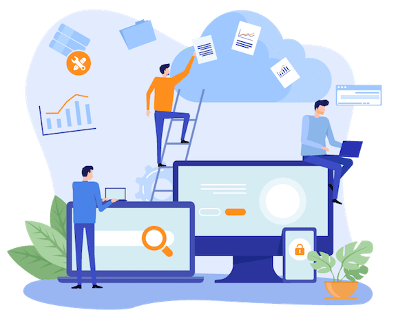 vignetta persone che lavorano con pc + un uomo su scala che appende foglio