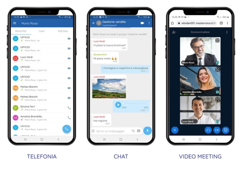 Immagine delle schermate principali della app Mastervocie versione mobile: telefonia, chat e videomeeting