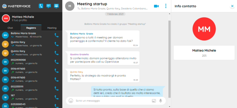 Schermata web app Mastervoice del registro chiamate in entrata e in uscita
