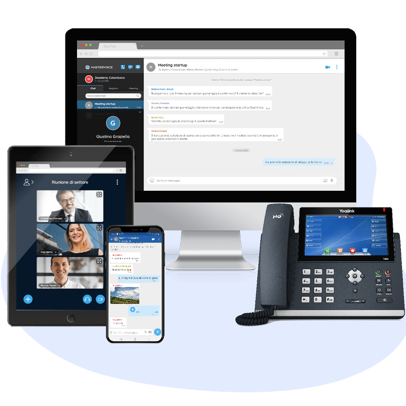 Immagine dei dispositivi sui quali si può usare il sistema MasterVoice: computer desktop, portatile, smartphone e telefono fisso