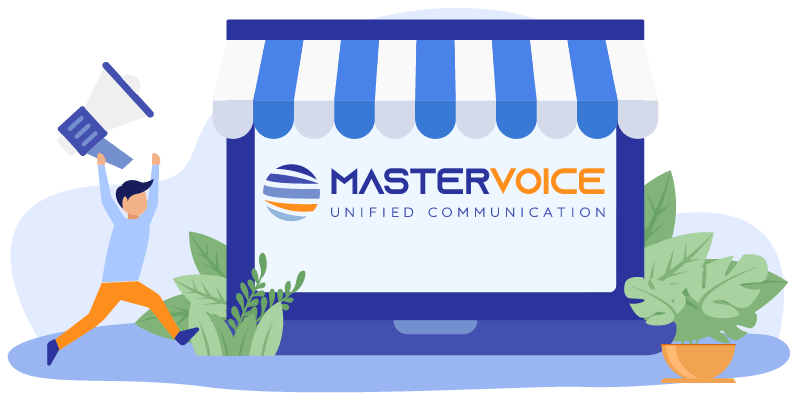 Illustrazione di un punto vendita con il logo MasterVoice sulla vetrina e una persona con un megafono sulla soglia