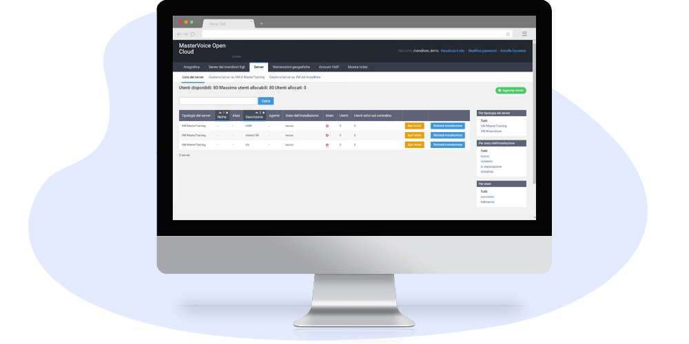 Schermata versione rivenditori della piattaforma MasterVoice