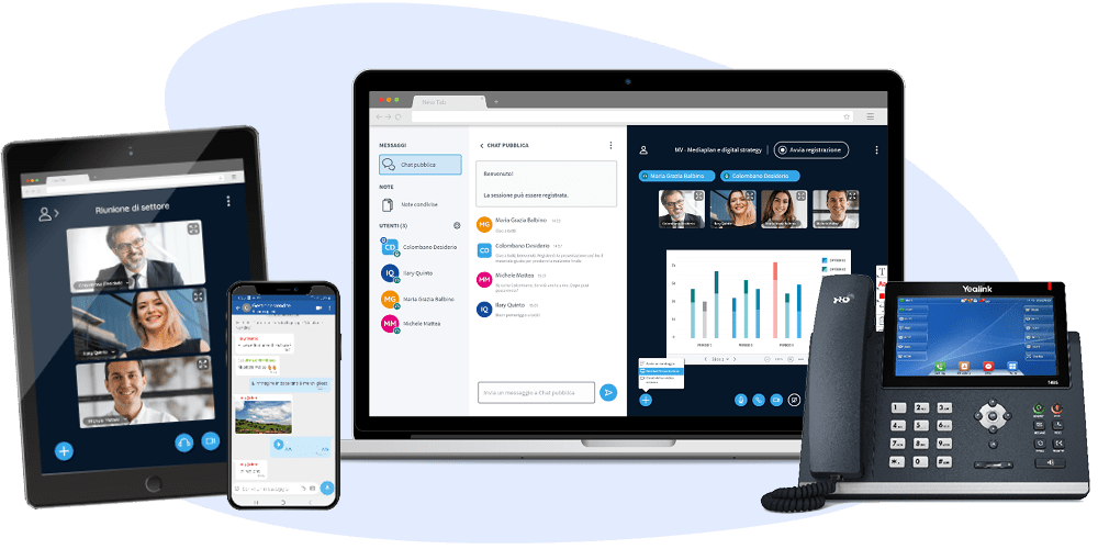 Immagine dei dispositivi sui quali si può usare il sistema MasterVoice: computer desktop, portatile, smartphone e telefono fisso