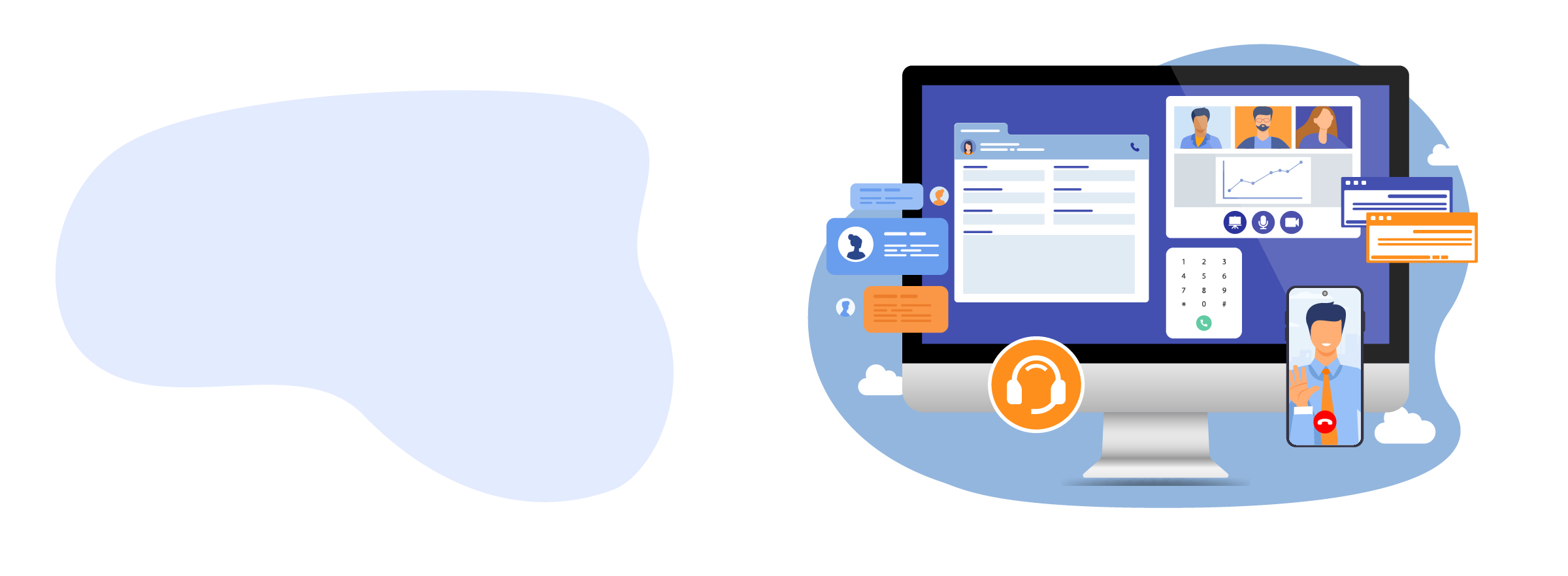 Illustrazione dello schermo di un computer sul quale appaiono finestre delle principali funzioni di MasterVoice: chat, videocall, chiamate